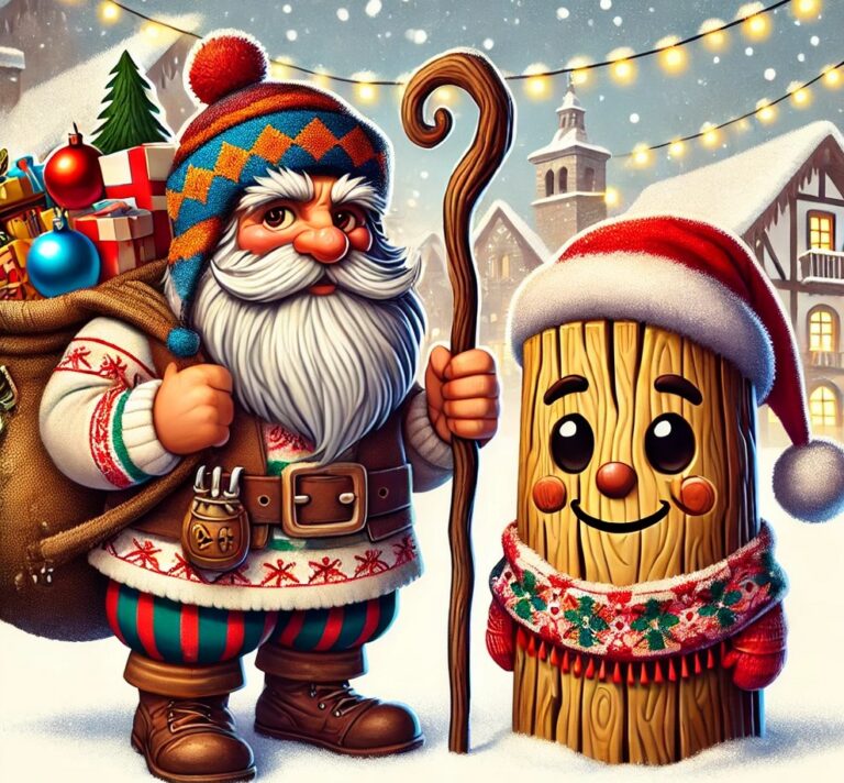 Ilustración del evento: un personaje navideño con barba blanca, saco de regalos y bastón junto a un tronco sonriente con gorro de Papá Noel